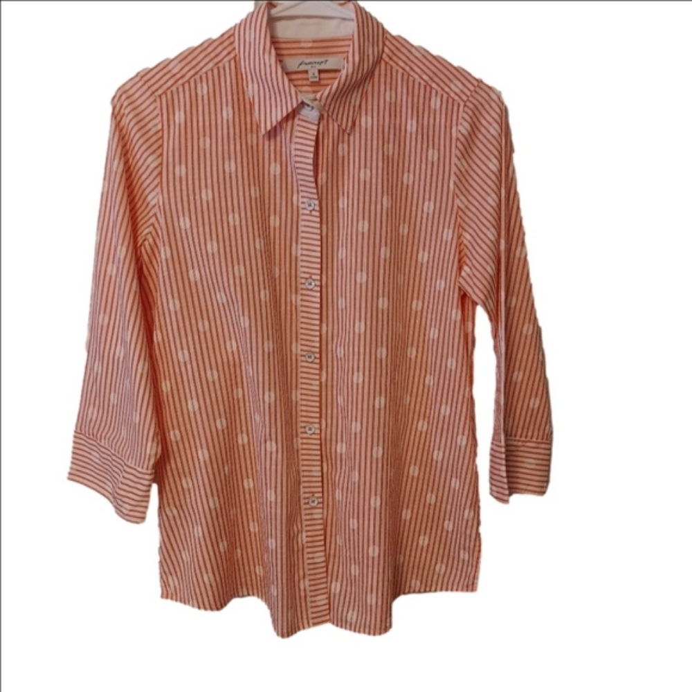 Foxcroft Womens Crisp Cotton Pink  White Stripe Circle Print No Wrinkle Shirt
